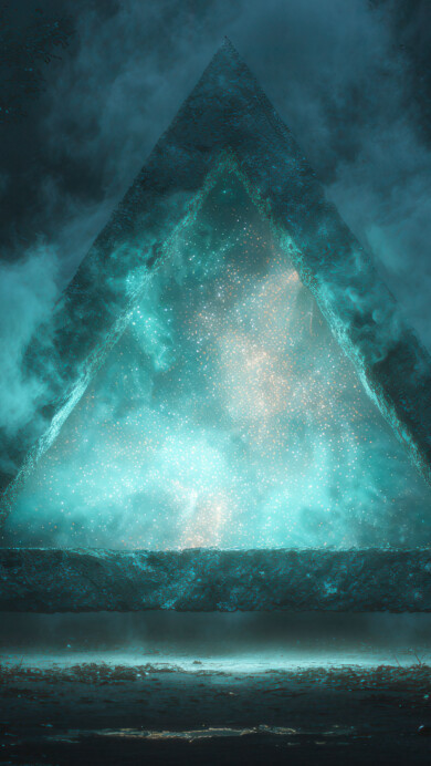 A mystical 4K wallpaper featuring a large, dark triangle structure enclosing a vibrant cosmic energy portal within a dark, misty environment. The glowing turquoise and gold light erupting from the center provides a stark, mesmerizing contrast to the surrounding shadows and ethereal mist.