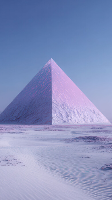 A breathtaking 4K wallpaper presents a colossal, textured pink pyramid standing in the center of a vast, desolate alien plain. The pyramid's rough, luminous surface radiates soft pink light, blending seamlessly with the pastel purple hues of the rippled sands and distant mountains, creating an intensely mystical and ethereal scene.