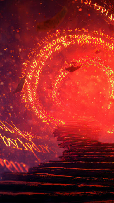 An otherworldly 4K wallpaper depicting dark, jagged stairs leading into a vast, mystical realm dominated by a swirling vortex of glowing red and orange energy. Intricate golden runes radiate from within the fiery tunnel, casting shimmering light onto scattered ancient papers and ethereal particles, creating an intense, magical atmosphere.