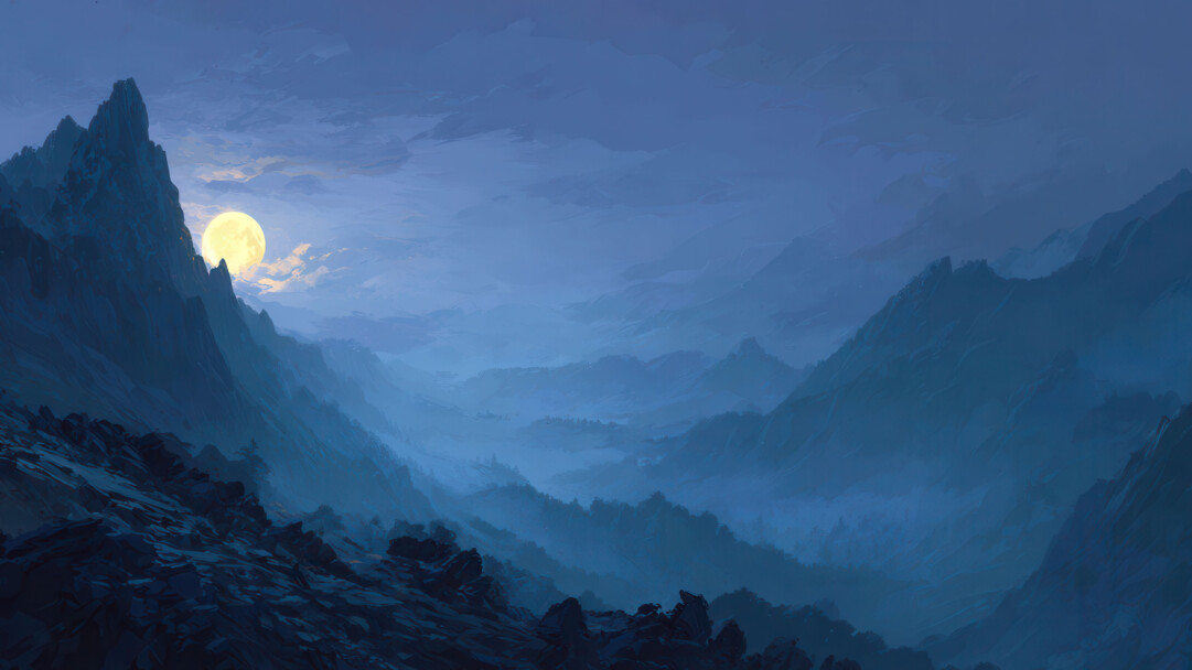A majestic 4K wallpaper showcasing a vast, rugged mountain range bathed in the ethereal light of a full moon at night. The brilliant yellow full moon casts a warm, soft glow against the deep, multi-layered blue and indigo peaks, creating a profoundly tranquil and mystical atmosphere.
