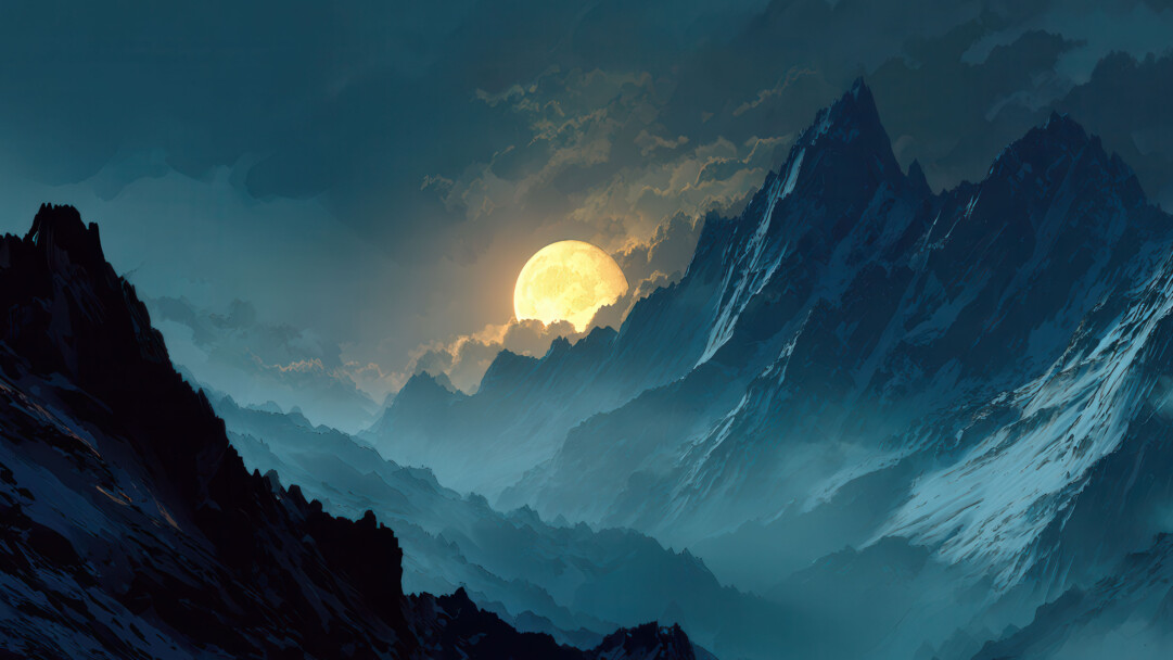 A mesmerizing 4K wallpaper featuring a large, brilliant full moon dominating a vast, misty mountain range under a twilight sky. The moon's intense golden glow casts a radiant light on the ethereal clouds and illuminates the rugged, snow-dusted peaks, evoking a sense of tranquil grandeur.
