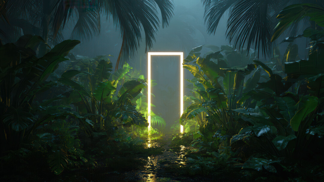An otherworldly 4K wallpaper presenting a bright, glowing rectangular portal nestled deep within a dark, verdant rainforest. Its brilliant golden light illuminates a reflective path, starkly contrasting with the cool, misty blues and dark greens of the dense foliage, creating an ethereal and inviting mood.
