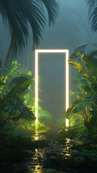 An otherworldly 4K wallpaper presenting a bright, glowing rectangular portal nestled deep within a dark, verdant rainforest. Its brilliant golden light illuminates a reflective path, starkly contrasting with the cool, misty blues and dark greens of the dense foliage, creating an ethereal and inviting mood.
