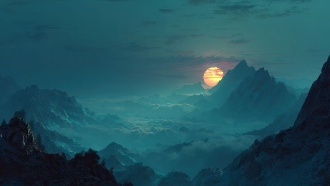 A mesmerizing 4K wallpaper of a vast range of jagged, teal-hued mountains shrouded in low-lying clouds or mist, stretching under a dark, twilight sky. A colossal, vibrant golden sun glows intensely behind a central peak, casting warm light that dramatically contrasts with the cool, ethereal blues and greens of the misty landscape, creating a sense of mystical grandeur.