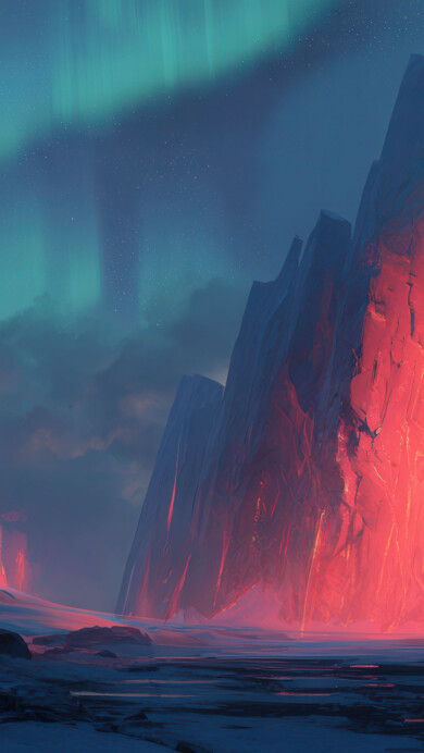 An epic 4K wallpaper depicting a narrow valley enclosed by towering cliffs that glow with intense red light. The striking contrast between the fiery rocks and the cool blue and green aurora creates a powerful, mystical atmosphere over the frozen ground.