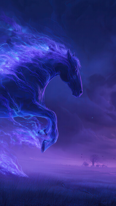 An ethereal 4K wallpaper of a mystical blue spirit horse sprinting across a field of tall grass under a dramatic twilight sky. The vibrant, swirling blue energy of the horse illuminates the dark landscape, contrasting sharply with the purple and pink hues of the stormy horizon.
