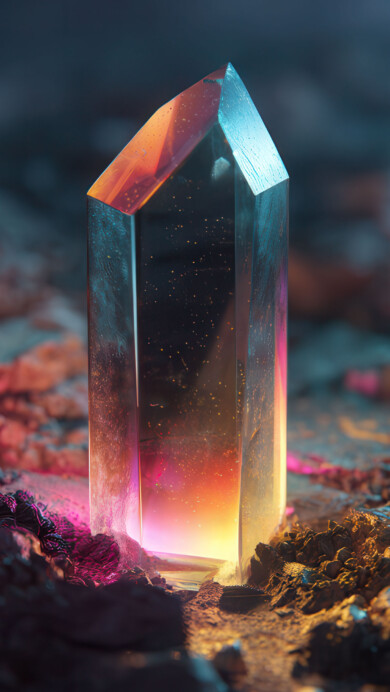 A vibrant 4K wallpaper showcasing a tall, glowing crystal standing amidst a dark, textured alien landscape. The gemstone radiates warm, otherworldly light in shades of pink, orange, and yellow, illuminating the surrounding rough terrain.