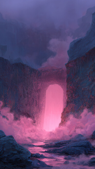 A magical 4K wallpaper of a glowing pink portal nestled deep within a dark, rocky gorge. Ethereal pink light and mist billow from the portal, illuminating the rugged blue-purple rock faces and a shallow stream.