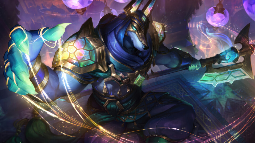 A captivating 4K wallpaper features Nasus, an Anubis-like figure, adorned in ornate golden and iridescent armor with flowing teal robes, dynamically gripping a glowing axe within a mystical, dimly lit temple setting. The swirling golden light trails and vibrant, jewel-toned accents on his armor and weapon create a powerful and enchanting atmosphere.
