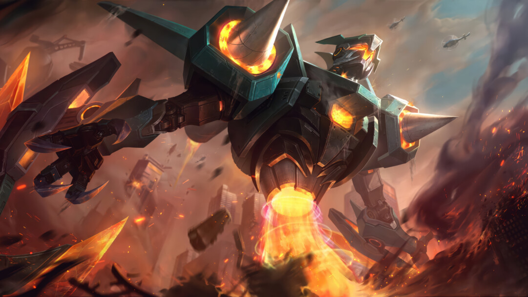 A breathtaking 4K wallpaper showcasing a colossal teal and dark grey mecha flying aggressively through a war-torn urban environment. Fiery explosions and bright orange thruster flames dominate the lower half, intensely highlighting the machine's destructive might against the smoky, debris-filled sky.