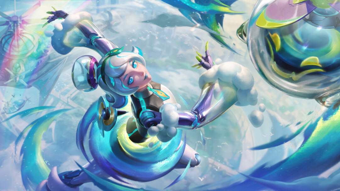 A vibrant 4K wallpaper showcasing Orianna, the Weather Entity, a serene automaton with light blue hair and eyes, gracefully floating amidst a fantastical sky realm of swirling winds and abstract meteorological structures. Her iridescent metallic body, adorned with soft clouds, reflects an exquisite blend of blues, purples, and greens, evoking a dynamic and magical control over the elements.