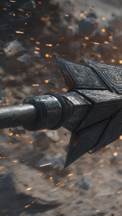 A dynamic 4K wallpaper featuring an ornate fantasy arrow mid-flight through a chaotic storm of dust and bright sparks. The intricate carvings on the dark arrow stand out against the fiery glow and swirling debris, conveying intense power and impact.