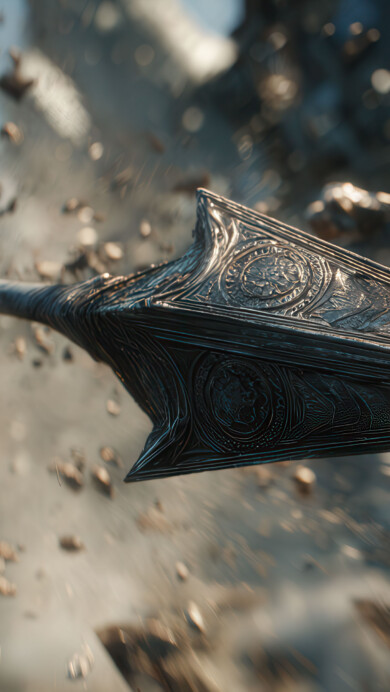 A dynamic 4K wallpaper capturing an ornate fantasy arrowhead mid-flight, surrounded by swirling particles and motion blur. Golden light glints off the dark, intricately carved surface, emphasizing its powerful and swift passage through the air.