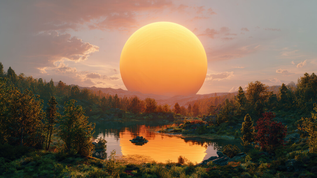 An ethereal 4K wallpaper presenting a colossal, radiant golden orb hovering above a tranquil lake surrounded by a dense forest and distant mountains at dawn or dusk. Its brilliant glow casts a warm, golden hue across the water's surface and illuminates the rich foliage, creating an otherworldly and serene landscape.