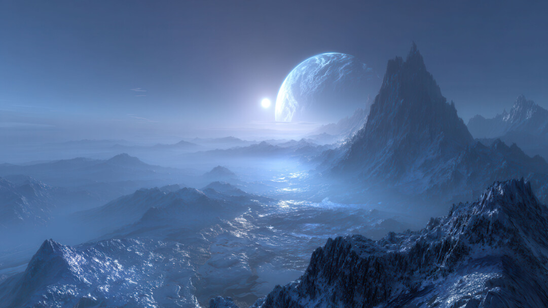 An otherworldly 4K wallpaper presents a desolate, frozen planetscape of rugged, snow-covered mountains stretching into a hazy horizon. The scene is bathed in cold blue light, highlighting the glistening ice and snow on the peaks and creating an immense, ethereal mood as a massive blue giant looms in the sky.