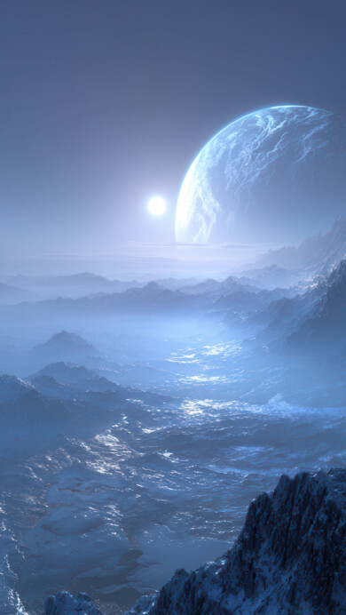 An otherworldly 4K wallpaper presents a desolate, frozen planetscape of rugged, snow-covered mountains stretching into a hazy horizon. The scene is bathed in cold blue light, highlighting the glistening ice and snow on the peaks and creating an immense, ethereal mood as a massive blue giant looms in the sky.