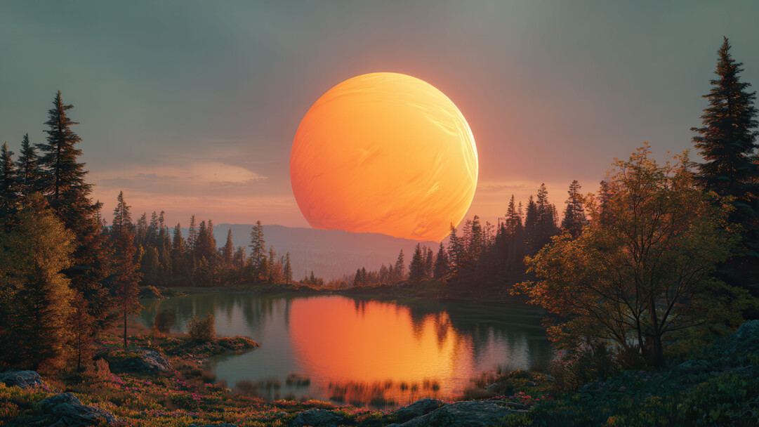 A fantastical 4K wallpaper depicts a colossal, glowing orange planet suspended above a serene forest lake, flanked by tall evergreen trees and rolling hills. Its brilliant light vividly reflects on the still water, bathing the foreground in warm hues that contrast with the deep greens of the shadowed pines and the ethereal blue of the twilight sky.