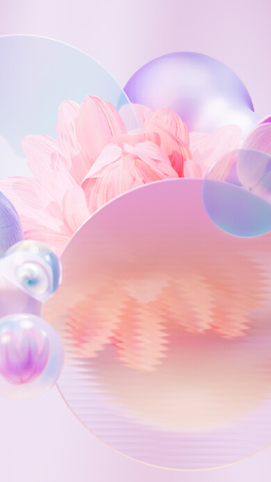 A mesmerizing 4K wallpaper displays a central artistic arrangement of soft pink and blue floral elements intertwined with various translucent and iridescent geometric shapes against a gentle pastel lavender background. The ethereal glow from the translucent spheres and soft petal textures, bathed in a blend of serene purples, pinks, and blues, creates a harmonious and dreamlike ambiance.