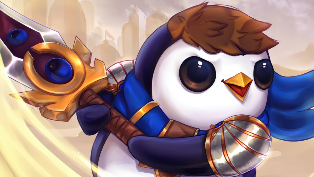 A vibrant 4K wallpaper showcasing a cute, armored penguin character (Pengu Garen) standing heroically against a soft, golden background with blurred architectural silhouettes. The character's gleaming blue and gold armor, along with its large sword and shield, radiate a brave and playful spirit against the ethereal glow.