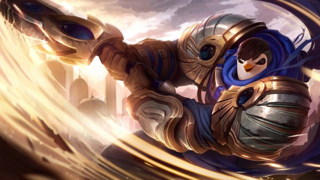 A vibrant 4K wallpaper showcasing Pengu Garen, a majestic armored warrior with a cute penguin head, powerfully swinging his large, ornate sword over a fantasy cityscape at dusk. Brilliant golden light streams dynamically from the blade, casting luminous streaks that define the epic and action-packed mood of the scene.