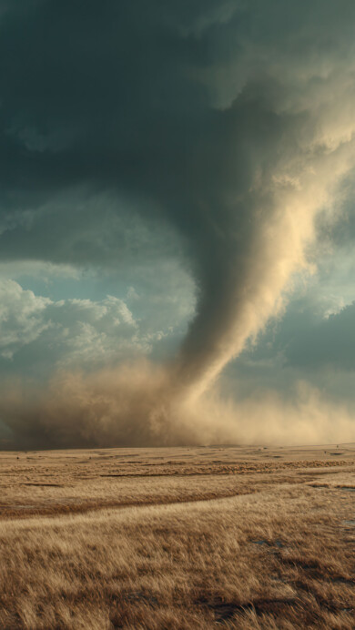 An awe-inspiring 4K wallpaper capturing a massive, swirling tornado as it touches down on a vast, golden-brown prairie landscape. The tornado's dusty column glows with a faint light against the ominous, dark teal storm clouds, creating a powerful and dramatic scene.