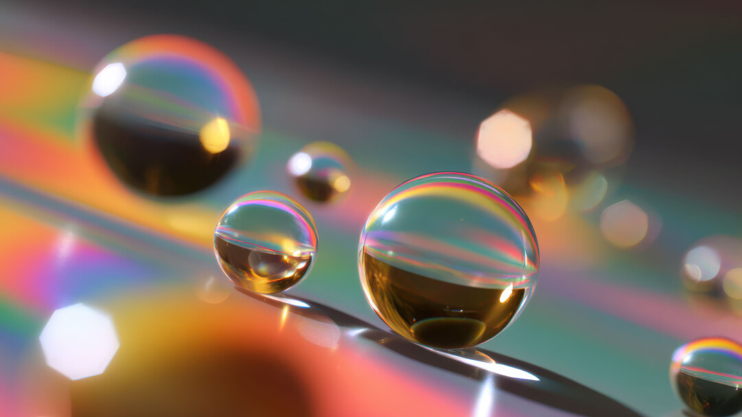 A captivating 4K wallpaper showcases several transparent orbs, glistening with light, positioned across a vibrantly illuminated, abstract surface. The orbs exquisitely refract the ambient light, creating vibrant prismatic rainbows and colorful reflections that wash the entire scene in an ethereal glow.