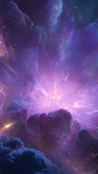 An otherworldly 4K wallpaper of a vibrant cosmic nebula dominating the deep expanse of space, with a dark planet visible in the upper right. A brilliant burst of light at its core illuminates the swirling purple and blue gas clouds, scattering golden starlight and streaks, creating an ethereal and powerful celestial scene.