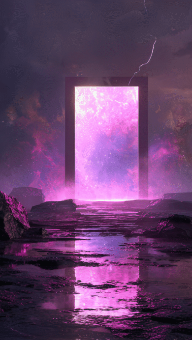A vibrant 4K wallpaper showcasing a glowing purple rectangular portal standing on dark, wet ground scattered with rocks. The intense purple light of the cosmic pattern within the portal reflects vividly on the rippling water surface under a stormy, lightning-streaked sky.