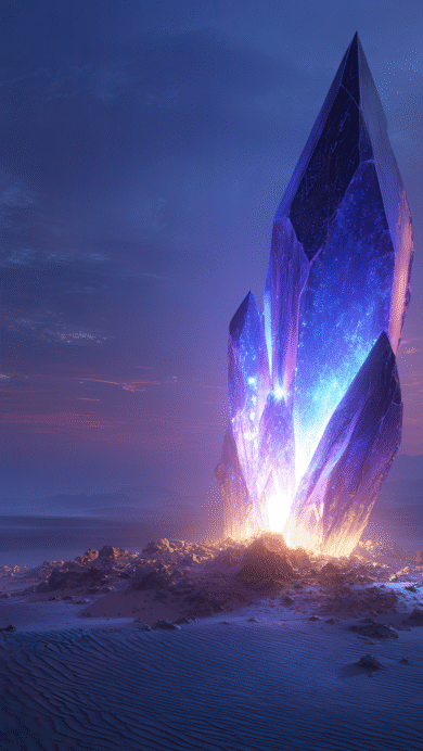 A mystical 4K wallpaper revealing a towering, radiant blue crystal standing sentinel in a vast, desolate desert landscape under a dramatic twilight sky. Its brilliant internal luminescence casts vibrant blue and purple light across the dark, rippled sand, contrasting beautifully with the warm, fiery hues of the distant sunset.