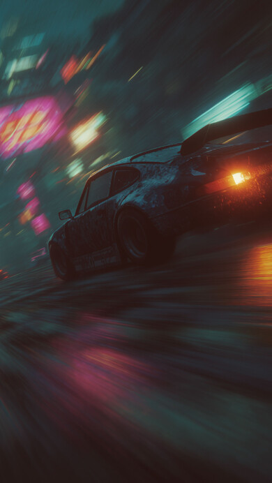 A dynamic 4K wallpaper captures a classic dark sports car speeding down a rain-slicked neon city street at night. Vibrant reflections of colorful neon lights streak across the wet asphalt, enhanced by motion blur, creating a fast-paced and atmospheric urban mood.