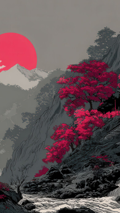 A striking 4K wallpaper featuring a Japanese temple situated on a rocky mountain slope, framed by vibrant red trees and a flowing stream. The stark red sun and crimson foliage create a dramatic, high-contrast scene against the somber grey palette of the mountains and sky.