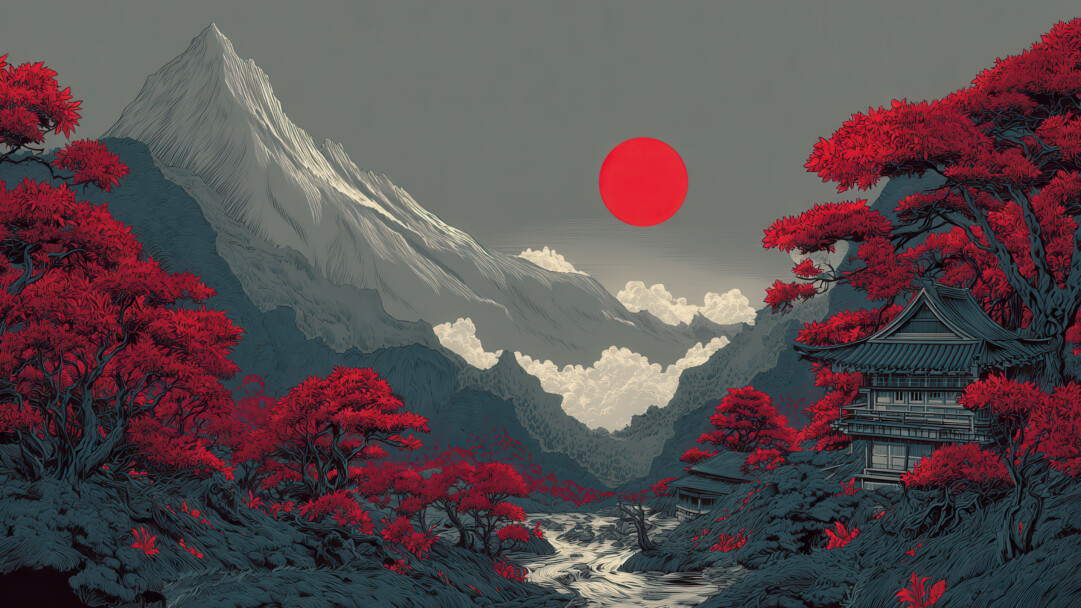 A stylized 4K wallpaper featuring a Japanese temple nestled amongst vibrant red trees in a mountainous valley, with a river winding through the foreground. A colossal red sun dominates the sky, its intense color echoing the brilliant red foliage and contrasting dramatically with the muted blues and greys of the landscape.