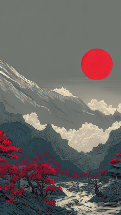 A stylized 4K wallpaper featuring a Japanese temple nestled amongst vibrant red trees in a mountainous valley, with a river winding through the foreground. A colossal red sun dominates the sky, its intense color echoing the brilliant red foliage and contrasting dramatically with the muted blues and greys of the landscape.