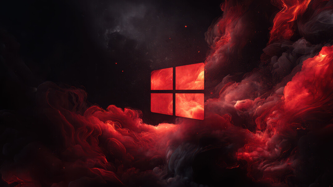 An intense 4K wallpaper showcasing a glowing red Windows logo set against a swirling backdrop of dark, fiery red and black abstract clouds. The vibrant, incandescent red hues of the swirling smoke and scattered embers create a powerful, dynamic atmosphere, evoking a sense of molten energy.
