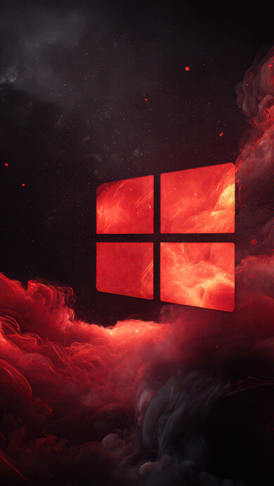 An intense 4K wallpaper showcasing a glowing red Windows logo set against a swirling backdrop of dark, fiery red and black abstract clouds. The vibrant, incandescent red hues of the swirling smoke and scattered embers create a powerful, dynamic atmosphere, evoking a sense of molten energy.