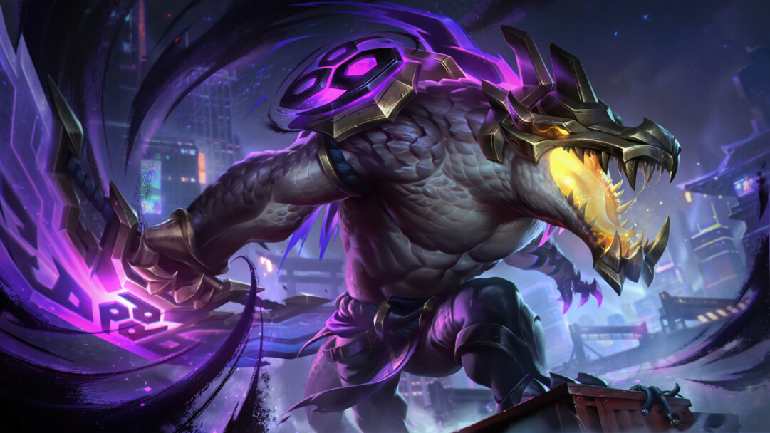 A mystical 4K wallpaper showcasing Renekton in his Inkshadow skin, a colossal reptilian warrior, poised aggressively atop a futuristic urban skyline at night. His glowing yellow maw and vibrant purple-infused weapon emanate dark, brushstroke-like energy, creating a powerful and ominous atmosphere against the city's muted lights.