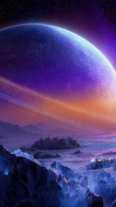 A stunning 4K wallpaper features a colossal ringed alien planet ascending over a stark, icy extraterrestrial landscape. Vibrant auroras of purple and orange paint the night sky, casting an ethereal glow on the planet's luminous rings and the jagged, crystalline ice formations below.