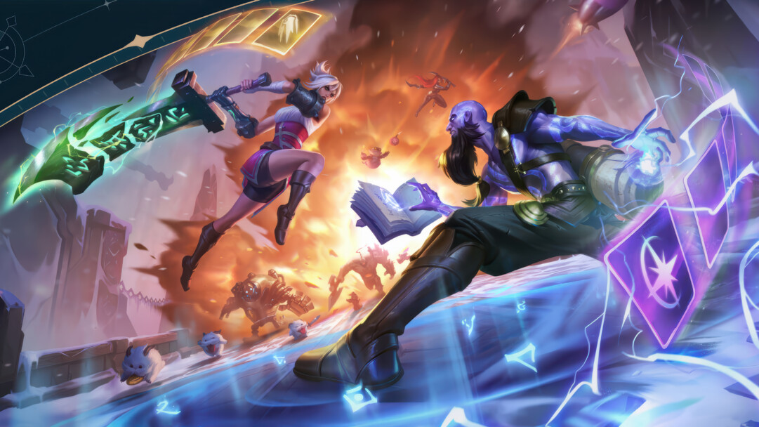 A mesmerizing 4K wallpaper showcasing the intense confrontation between Riven and Ryze in a chaotic, half-frozen, half-fiery arena. The dramatic interplay of Riven's fiery orange backdrop and glowing green sword against Ryze's cool blue magical aura and radiating purple runes defines the image's electrifying, high-stakes mood.