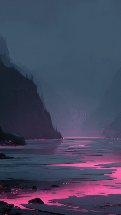 A surreal 4K wallpaper depicting a dark canyon carved by a glowing pink river. The vibrant magenta light of the river cuts through the deep blue gloom, creating an otherworldly and dramatic atmosphere.