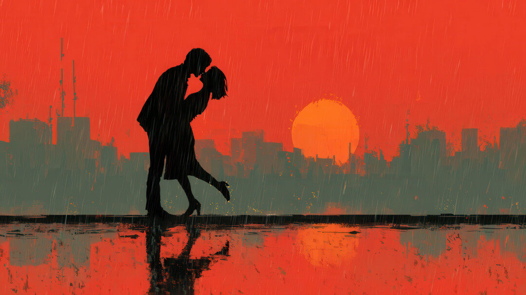 A mesmerizing 4K wallpaper features a silhouetted couple locked in a passionate kiss and tender embrace, standing on a reflective wet surface amidst a rainy city. The dramatic, fiery orange sky, dominated by a large setting sun and streaked with glistening rain, casts a vivid glow that imbues the scene with profound romance and emotional depth.