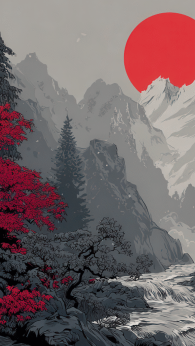 A captivating 4K wallpaper featuring a traditional multi-tiered temple surrounded by brilliant red autumn leaves in a mountain valley with a river flowing towards a giant red sun on the horizon. The dramatic contrast of the vivid scarlet foliage and sun against the muted grayscale mountains and temple creates a powerful and serene mood.