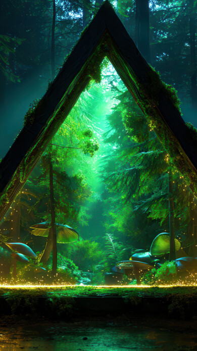 A magical 4K wallpaper of a large, dark triangular opening set within a deep, shadowy forest, revealing a luminous and vibrant hidden world inside. The glowing interior is filled with golden sparkling light, lush green fantastical plants, and large fungi, creating a striking contrast with the dark, atmospheric trees surrounding the mysterious portal.