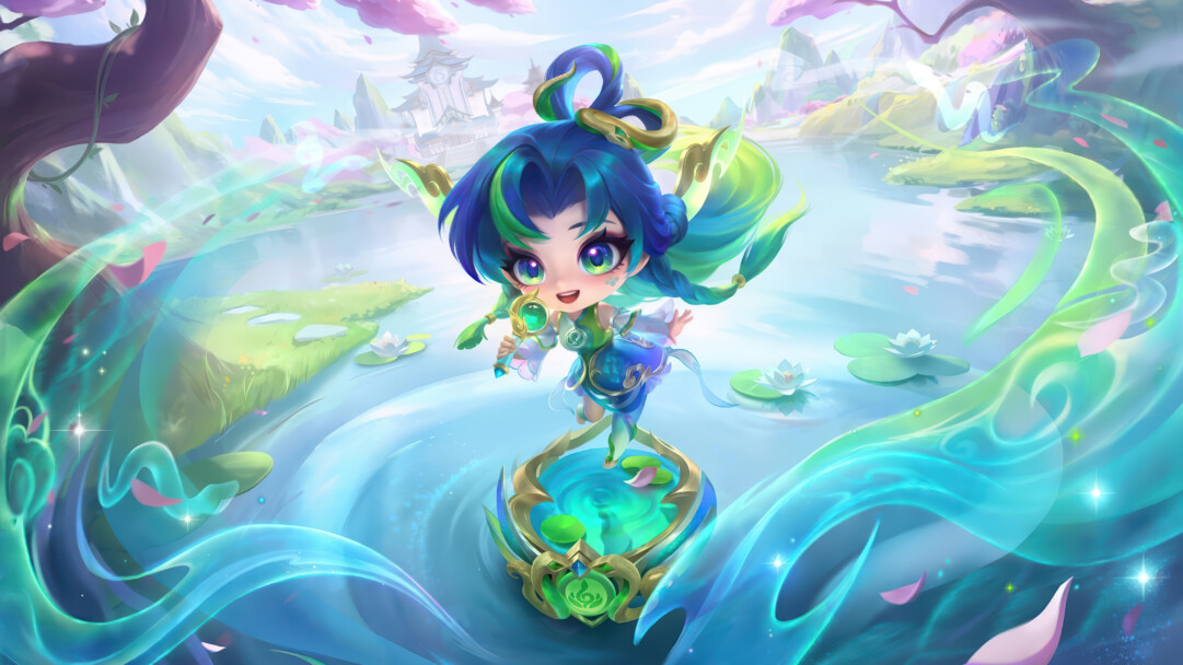 A vibrant 4K wallpaper showcasing a charming chibi character with luminous eyes and flowing blue and green hair, gracefully poised above a serene water garden with lily pads and a distant, misty Asian-inspired landscape. Swirling ethereal ribbons of light in shades of blue and green emanate from her, creating a magical, dreamlike atmosphere filled with sparkling luminescence.