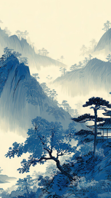 An exquisite 4K wallpaper depicts a traditional Chinese ink painting of a serene mountainous landscape, featuring mist-shrouded peaks, ancient pine trees, and traditional temples nestled within the terrain. The monochromatic blue ink washes against a soft, pale background create a sense of ethereal depth and a calming, contemplative mood.