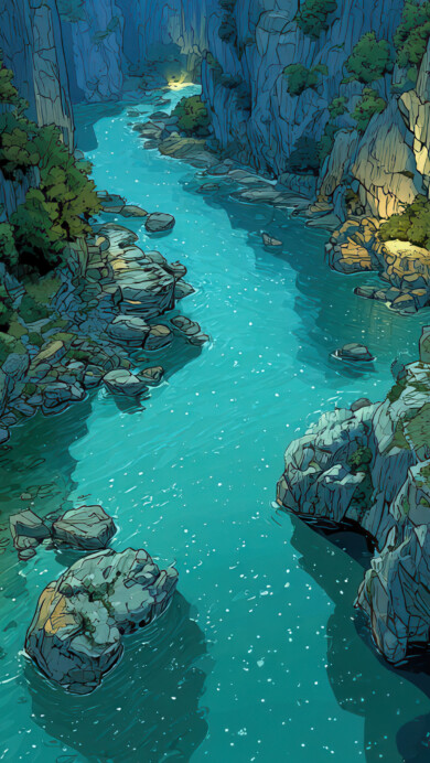 A vibrant 4K wallpaper showcasing a bright blue river winding through a deep gorge with rocky cliffs and lush green trees. Sunlight illuminates the textured rock faces on one side, creating a dramatic contrast with the shadowed depths and highlighting the river's sparkling surface.