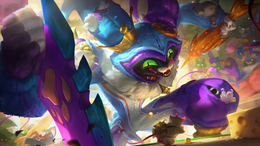 A vibrant 4K wallpaper showcases a mischievous, jester-themed cat character, Shaco, with glowing green eyes and sharp teeth, amidst a chaotic playroom filled with oversized toys and scattered cheese. The character's wide, toothy grin and intense glowing green eyes, combined with the scattered debris and smaller, terrified mice, convey a sense of playful menace and impending mischief.