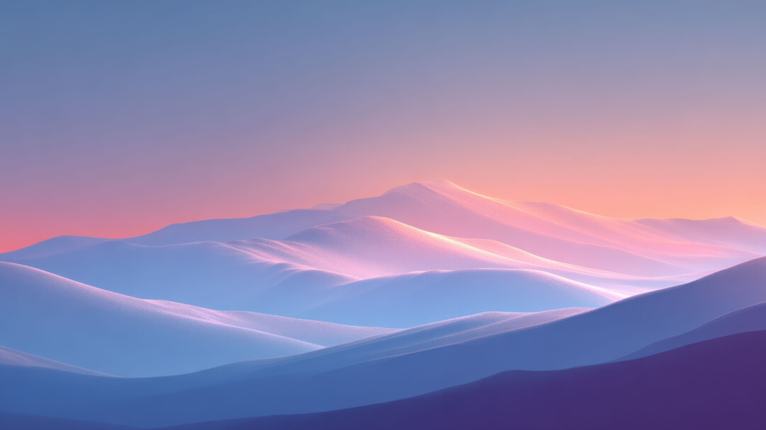 An otherworldly 4K wallpaper showcasing soft, undulating mountains extending across a serene, dreamlike landscape. The scene is defined by a captivating pastel gradient that shifts from cool blues to warm pinks, with soft light illuminating the peaks in a delicate, shimmering texture.