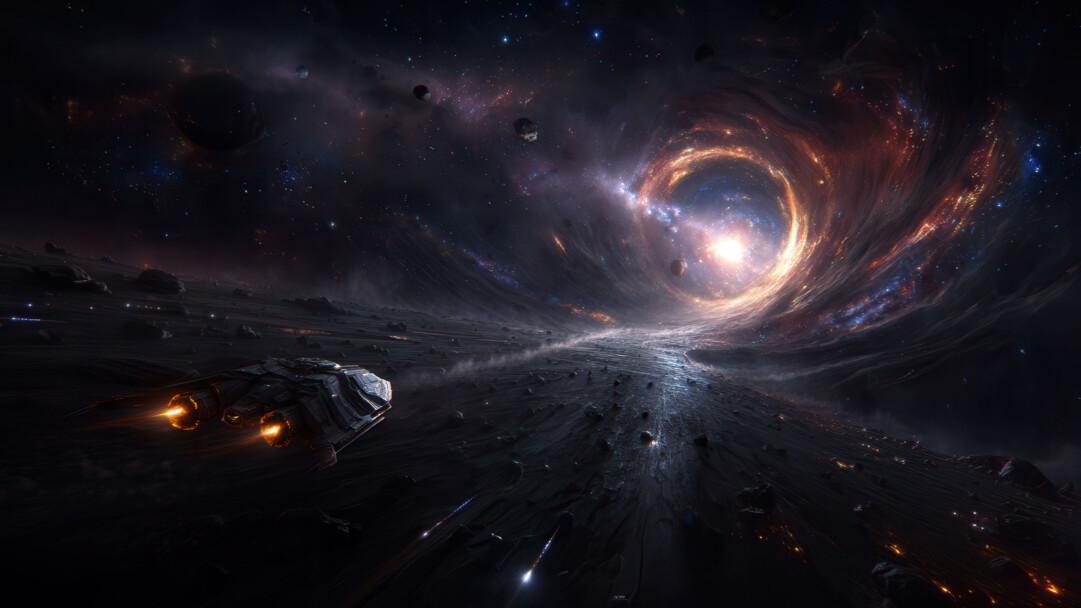 A breathtaking 4K wallpaper presents a sleek spaceship with glowing orange engines flying low over a dark, cratered alien landscape, intently approaching a magnificent, swirling cosmic vortex in the deep, star-studded expanse. The luminous vortex pulsates with an intense core of white and golden light, expanding into vibrant rings of orange, red, and blue nebulae, creating a powerful and awe-inspiring gateway.