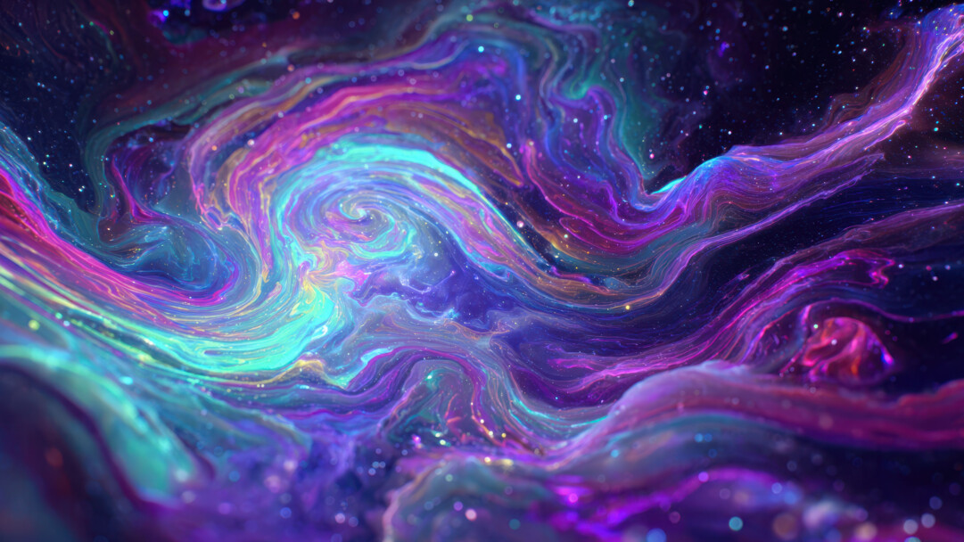 A mesmerizing 4K wallpaper of swirling galactic fluid abstract art, set within a deep cosmic expanse filled with vibrant nebulae-like formations. Iridescent streams of magenta, cyan, and violet intertwine with luminous trails, creating a captivating dance of light amidst a field of shimmering, starlike particles, evoking a sense of awe and cosmic wonder.