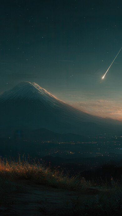 An awe-inspiring 4K wallpaper capturing a person and their dog sitting together on a grassy hillside, gazing out at a majestic, snow-capped mountain range and a twinkling city below under the night sky. A brilliant meteor streaks across the starry expanse, adding a dramatic sense of wonder to the serene scene illuminated by the soft glow of distant city lights and a subtle, warm horizon.